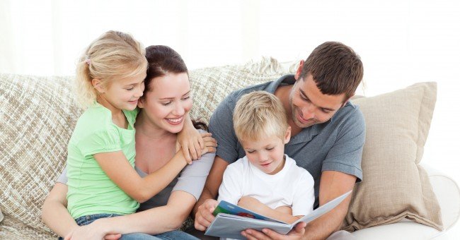 family_parents_child_read_book_together_learn_happy